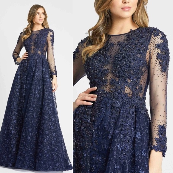 NWT $798 Mac Duggal Sheer Bodice Embroidered Illusion Maxi Dress Gown Navy Sz 16 - Picture 1 of 17
